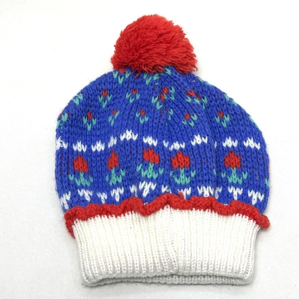 Vintage Toddler Beanie Hat Winter Cap‎ Red Blue Flowers Floral Pom Pom 90s